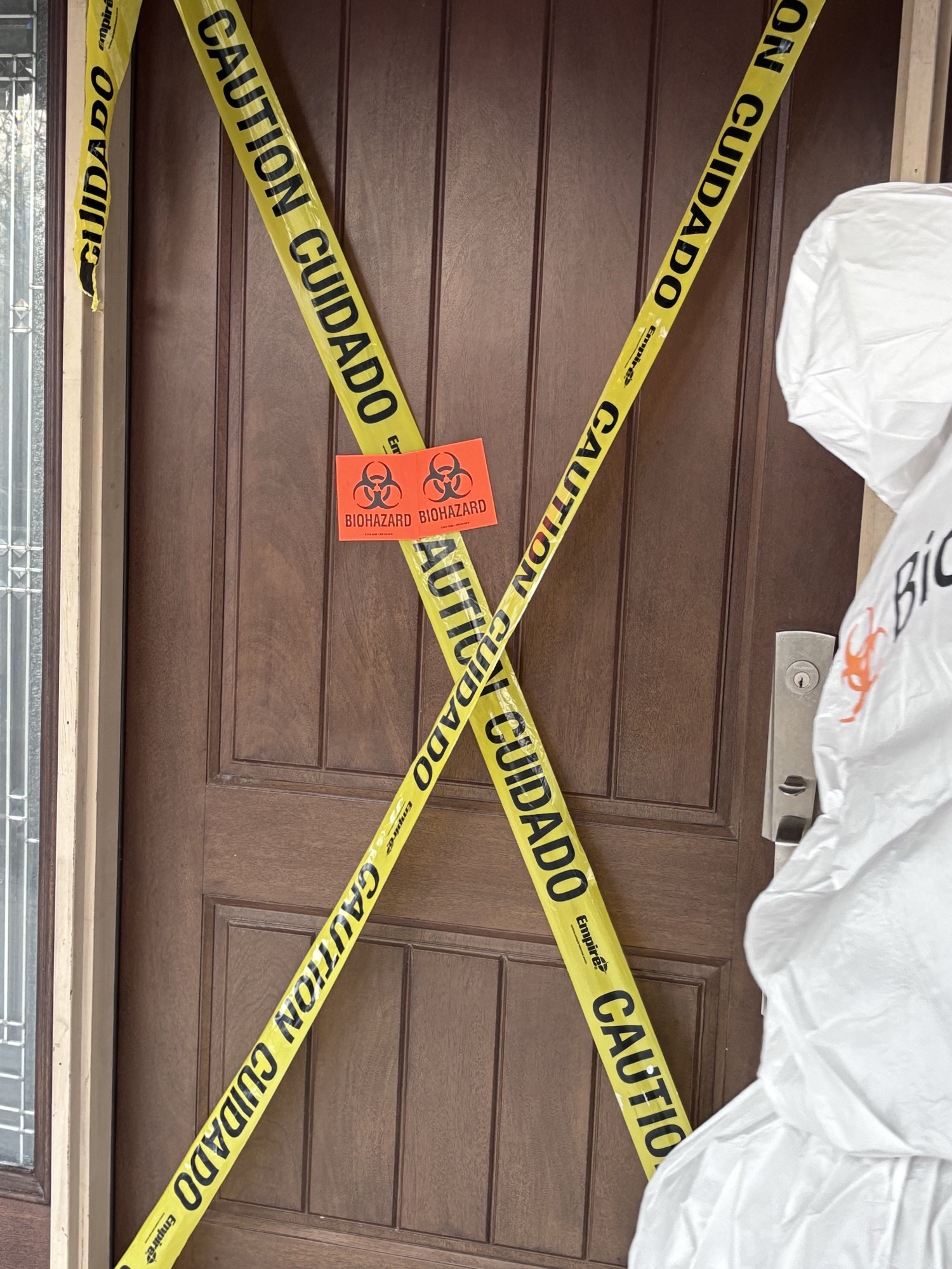 Biohazard remediation site sealed by certified specialists.