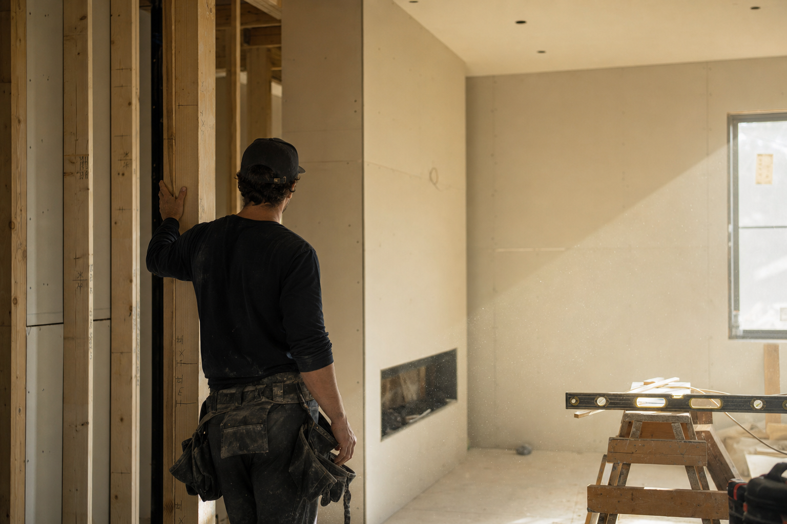 Finish carpenter at work inside a framed interior.